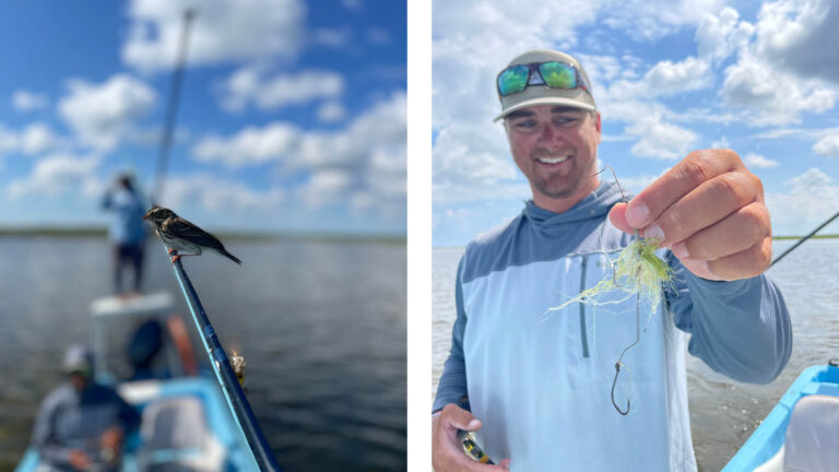 A fishermen shows off his damaged fly.